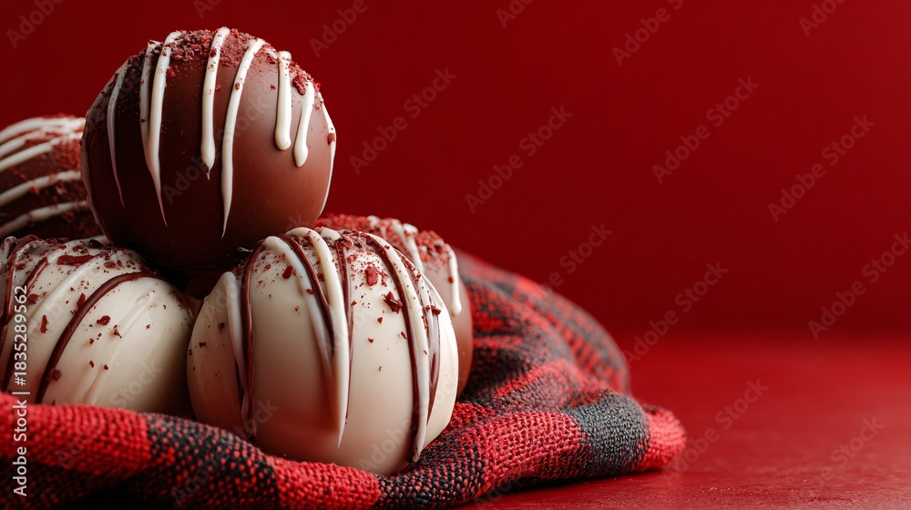 Fototapeta premium Holiday breakfast cocoa balls on matte red background, elegant composition with side copy space