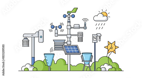 Detailed weather station infographic with varied instruments and nature elements provides climate