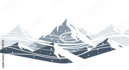 Stylized winter mountain range with falling snow and blowing wind illustration