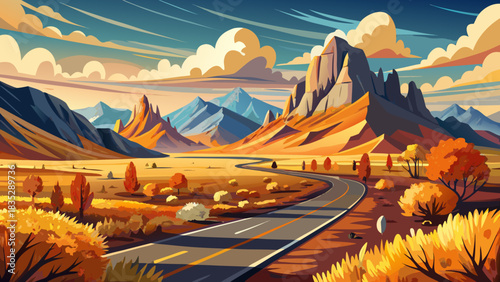 Very beautiful autumn colors spread across open desert plains beneath the imposing Guadalupe Mountains, offering a sweeping retro-style scene of golden grasses, rugged peaks, and clear open highways.