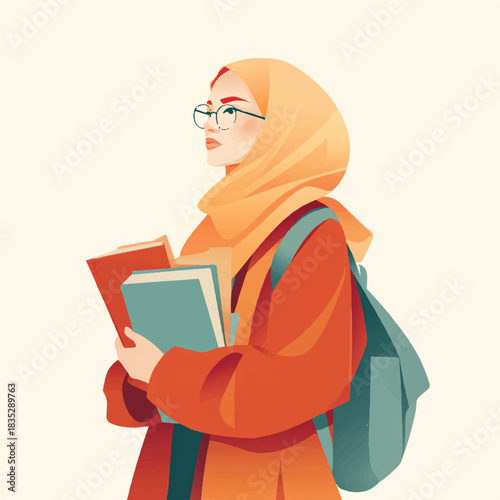 Minimalist flat illustration of a muslim woman with books and backpack