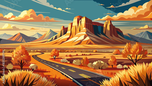 Very beautiful autumn colors spread across open desert plains beneath the imposing Guadalupe Mountains, offering a sweeping retro-style scene of golden grasses, rugged peaks, and clear open highways.