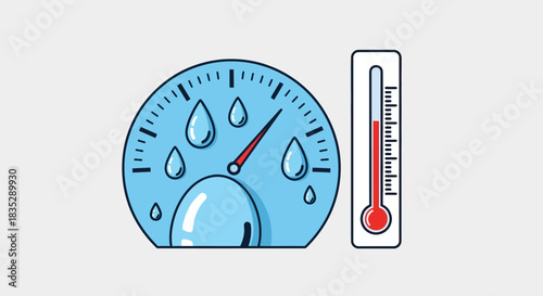 Illustrative depiction showing high humidity levels alongside a thermometer reading indicating a