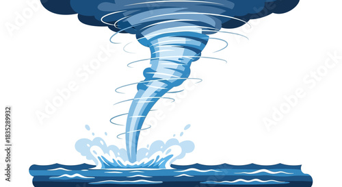 Stylized vector illustration of a tornado forming over water with dramatic sky details