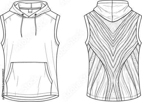 Sleeveless hoodie template with drawstring hood, detailed back pattern design, athletic sportswear illustration, vector garment front and back