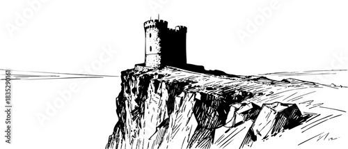 Stone ancient fort on the edge of a cliff above the abyss. Hand-drawn graphic vector illustration on a transparent background.