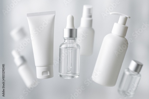 Collection of white cosmetic containers including tubes, droppers, and bottles floating in mid-air. Skincare and beauty products