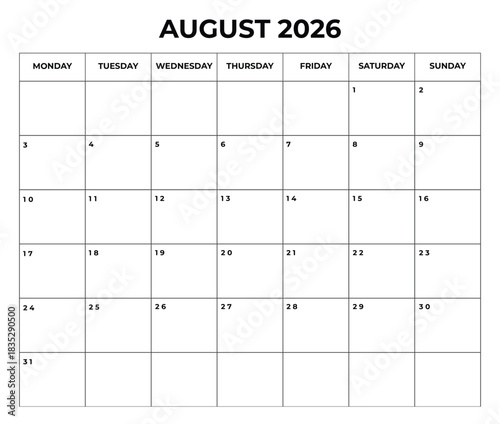 Printable August 2026 Calendar with Daily Boxes — Week Starts from Monday