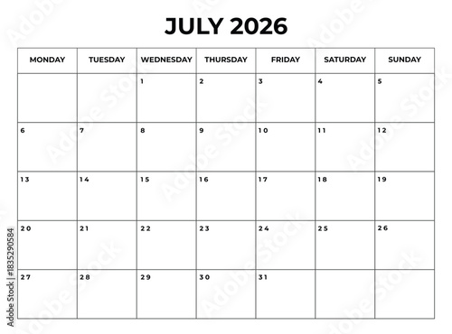 Printable July 2026 Calendar with Daily Boxes — Week Starts from Monday