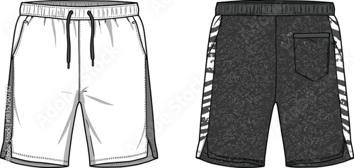 Athletic shorts illustration with patterned back, front and back view, casual sportswear template, drawstring waistband design, garment vector artwork