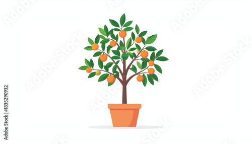 Vibrant potted orange tree illustration, laden with ripe fruits in a terracotta pot. Flat design vector of a healthy citrus plant for gardening, nature, and organic food concepts.