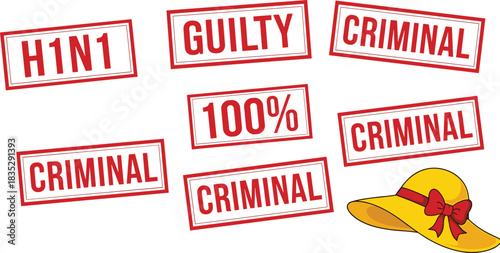 Red stamp labels illustration, guilty and criminal text signs, H1N1 warning mark artwork, bold graphic typography icons with yellow hat element