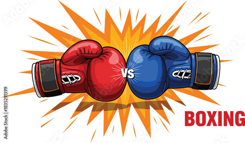 Red and blue boxing gloves clash, competitive fight concept, versus illustration, explosive impact design, sports combat artwork, dynamic boxing matchup scene