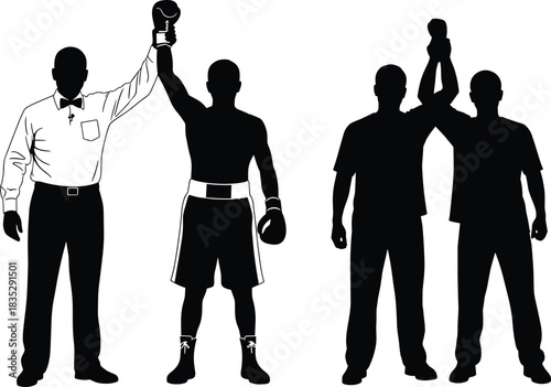 Boxing winner silhouette, referee raising champion’s hand, victorious boxer pose, competition victory moment, sports achievement illustration, athletic success celebration scene
