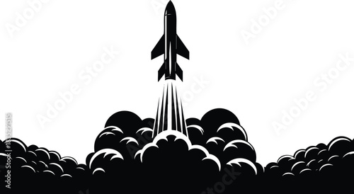 Rocket Taking Off with a powerful exhaust Smoke Clouds vector illustration isolated on a white background