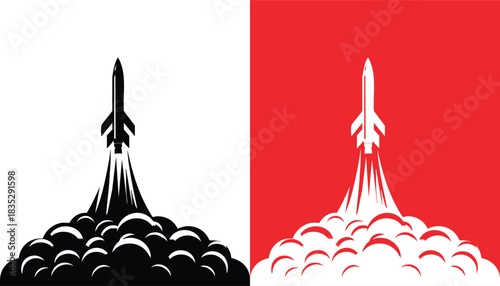 Rocket Taking Off with a powerful exhaust Smoke Clouds vector illustration isolated on a white background