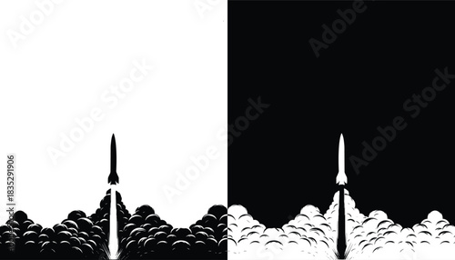 Rocket Taking Off with a powerful exhaust Smoke Clouds vector illustration isolated on a white background