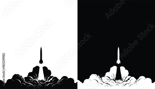 Rocket Taking Off with a powerful exhaust Smoke Clouds vector illustration isolated on a white background