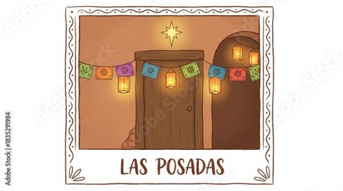 cozy postcard template for las posadas festival illustration template featuring doorway with lanterns and simple star above on pure white background isolated for easy use