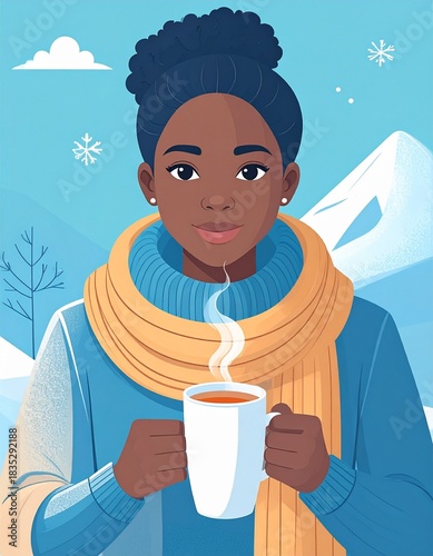 Young black woman drinking a warm cup of tea, wearing blue sweater and a scarf, winter outdoors
