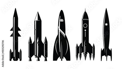 Collection of four distinct rocket ship icons in a clean black silhouette style