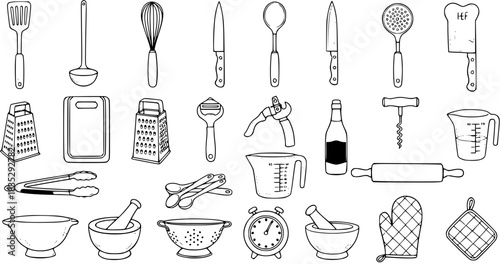 Hand-drawn Black and White Line Art Sketch of Kitchen Utensils and Cooking Tools Set. Doodle Style Vector Collection of Kitchenware for Food, Restaurant, and Culinary Design Projects.