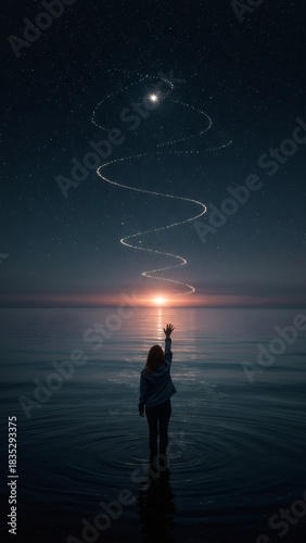 Woman standing in water reaching hand toward a spiral of stars in the night sky over a tranquil sea at twilight.