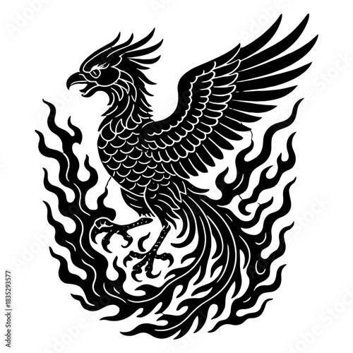 Majestic phoenix rising from flames: black silhouette tribal design.
