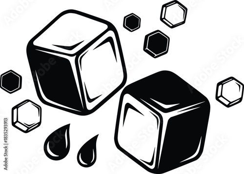 Black and White Vector Icon of Melting Ice Cubes with Droplets and Hexagonal Accents Representing Cold and Refreshment
