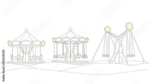 Line art illustration of amusement park rides on a white background design