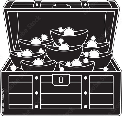Open treasure chest filled with gold ingots and coins