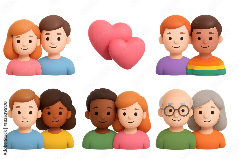 Fototapeta premium Diverse couples icons set with heart shapes for love and relationship design projects