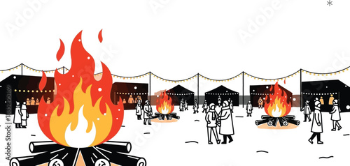 Winter festival scene with bonfires and people gathering in a snowy landscape