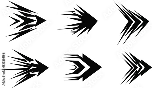 Dynamic arrow collection six abstract black directional icons on white background