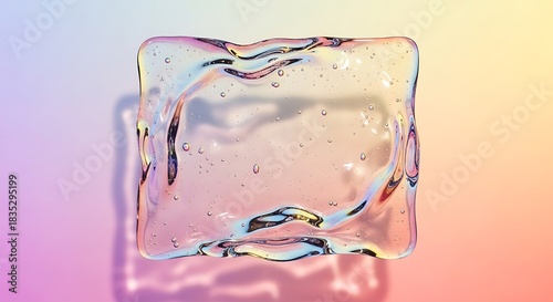 Rectangular block of iridescent gel with internal bubbles and soft shadow on a gradient background abstract
