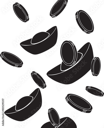 Abstract black and white illustration of floating chinese gold ingots