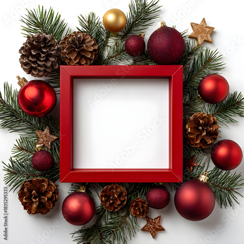 Festive red square frame surrounded by christmas ornaments pine cones and greenery isolated on white background