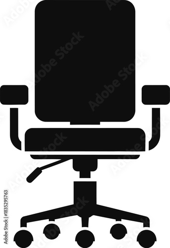 Simple black silhouette icon of an office desk chair with wheels and armrests on a white background