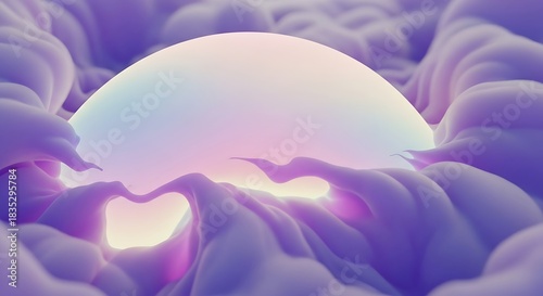 Soft purple organic shapes surrounding a glowing pastel sphere abstract form