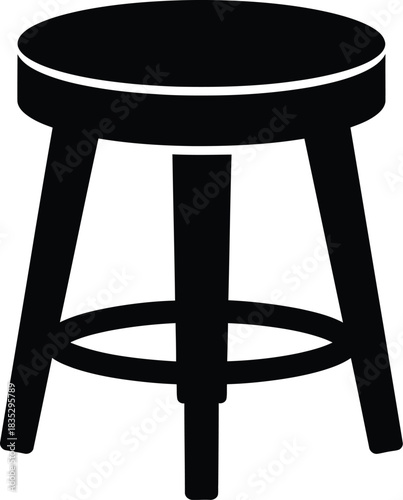 Simple black silhouette of a round seat stool with four legs and a footrest on a white background