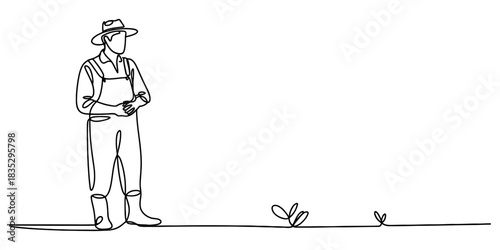 Continuous line art of a farmer wearing a hat and overalls, standing with hands clasped, on a field with small plant sprouts, symbolizing growth and agriculture. Vector, illustration