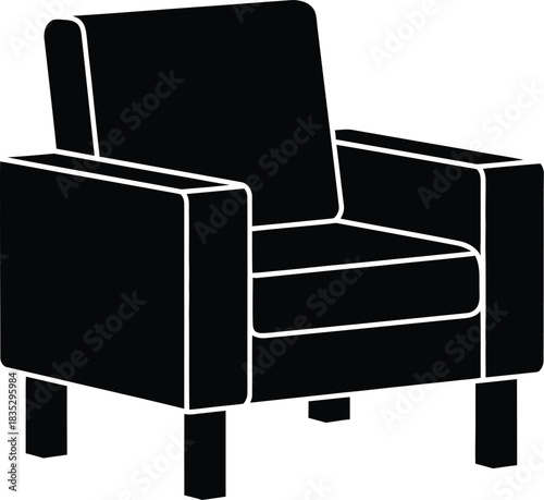 Modern black armchair silhouette with clean lines and white outline on a white background