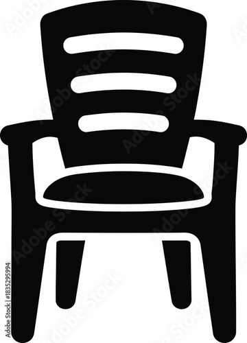 Simple black silhouette icon of a modern plastic patio armchair isolated on a white background