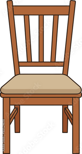 A simple wooden dining chair with a padded seat and slatted backrest isolated on white