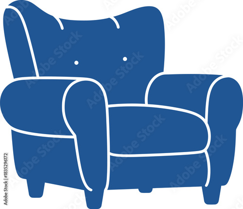 A simple blue armchair with white outline isolated on a white background for graphic design