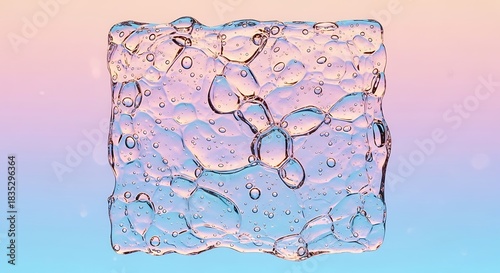 Transparent Gel Cube with Bubbles Against a Pastel Gradient abstract background