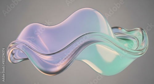 Wavy Fluid Form with Iridescent Metallic Sheen on Gray Background abstract shape