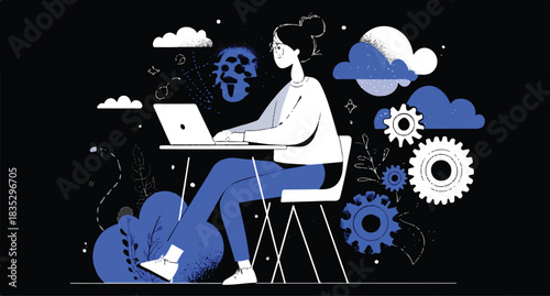 Minimalist cartoon illustration of a person working with technology and ideas