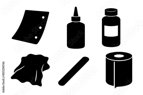 Tattoo tools silhouette set: needles, bottles, ink, paper, cloth, stick.