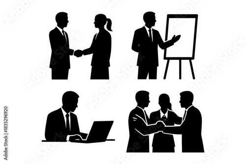 Silhouette business meeting: professionals collaborating and presenting.